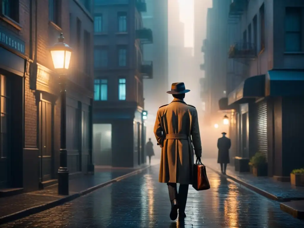 Un detective en la penumbra de una distopía futurista, con un maletín brillante