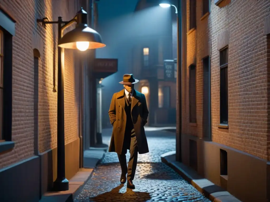 Un detective en la penumbra con un farol vintage proyectando largas sombras en el suelo empedrado