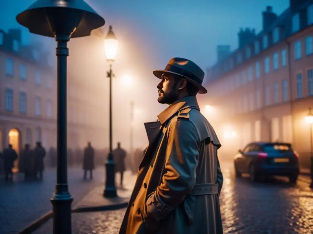 Un detective en la penumbra bajo una farola en una noche escandinava, evocando misterio y suspense