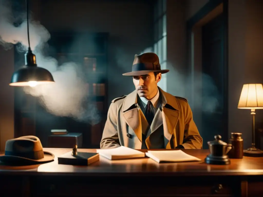 Un detective en la penumbra dialoga con una figura misteriosa en un escenario de Film Noir