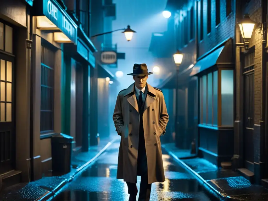Un detective en la penumbra de la lluvia, reflejos neón en el pavimento mojado