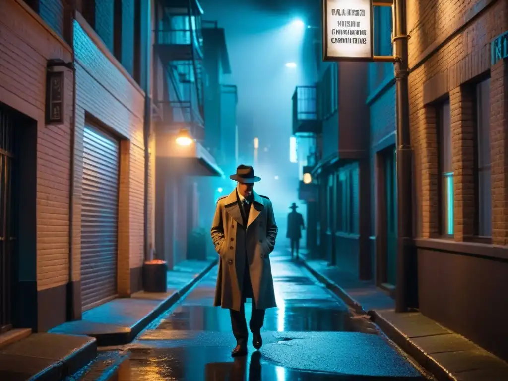 Un detective en la penumbra, fumando bajo la luz de la farola en un callejón oscuro en blanco y negro