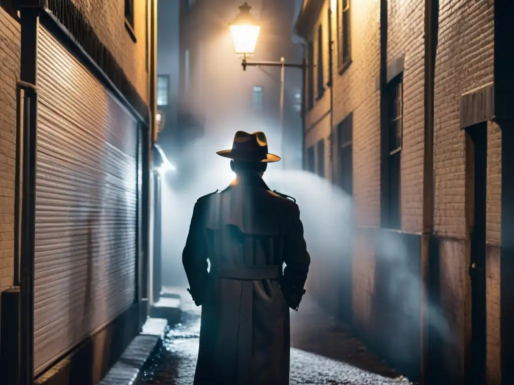 Un detective en la penumbra de la noche, investigando un crimen en un callejón brumoso