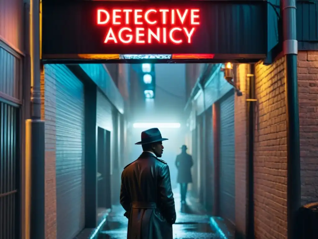 Un detective en la penumbra de la noche lluviosa, bajo un letrero de 'Detective Agency', evocando misterio y suspense