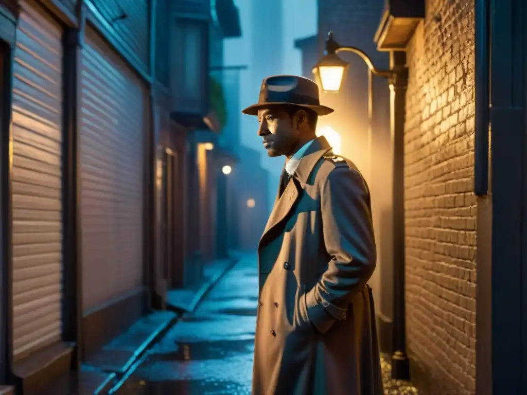 Un detective en la penumbra de la noche lluviosa, en un callejón iluminado por la luz tenue de una farola titilante