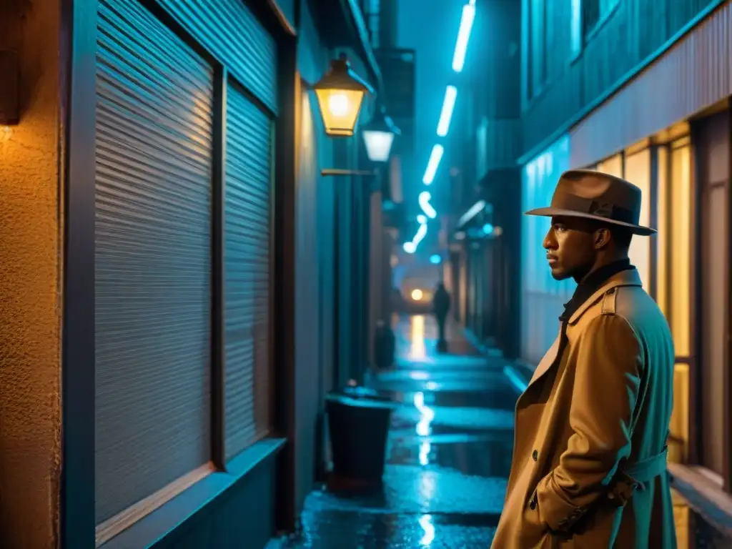 Un detective en la penumbra de la noche, reflejando luces neón de la ciudad