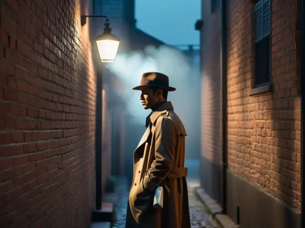 Un detective en la penumbra de la noche, bajo la luz de un farol, evocando el género cine televisión