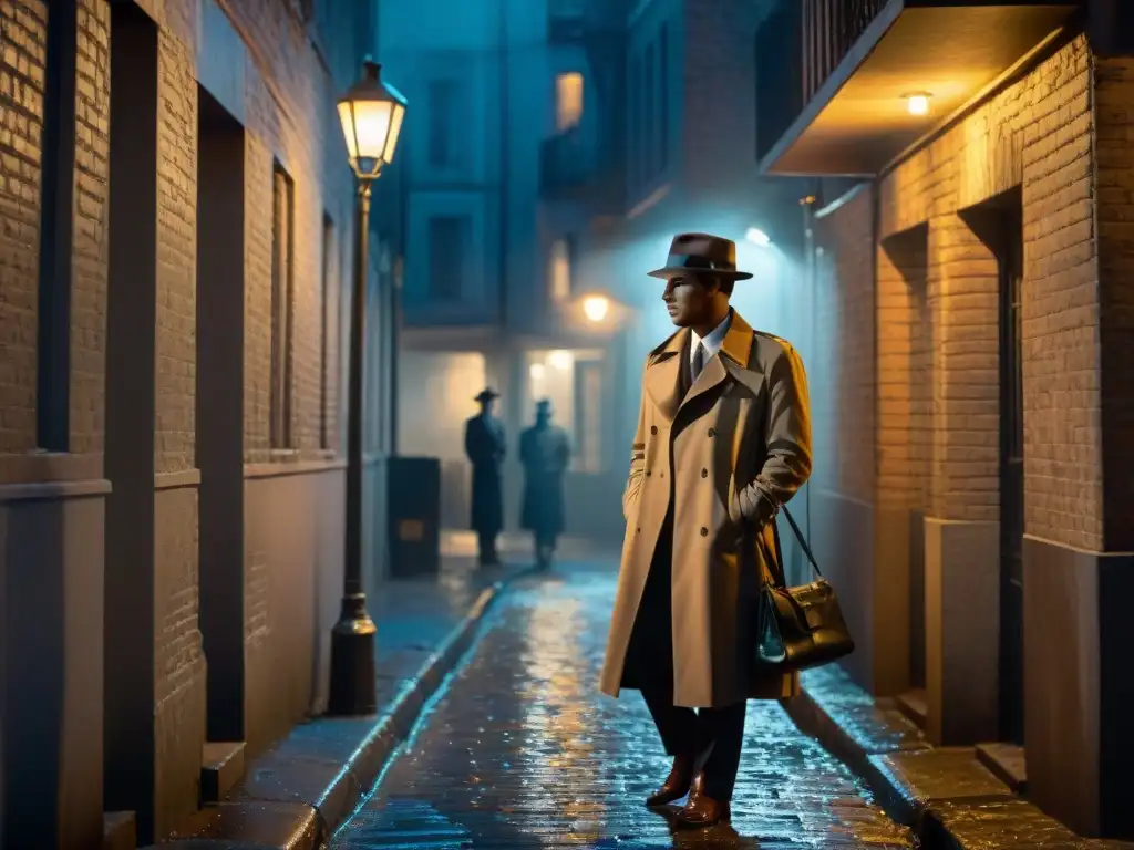 Un detective en la penumbra de la noche, bajo la luz de una farola, en un callejón húmedo