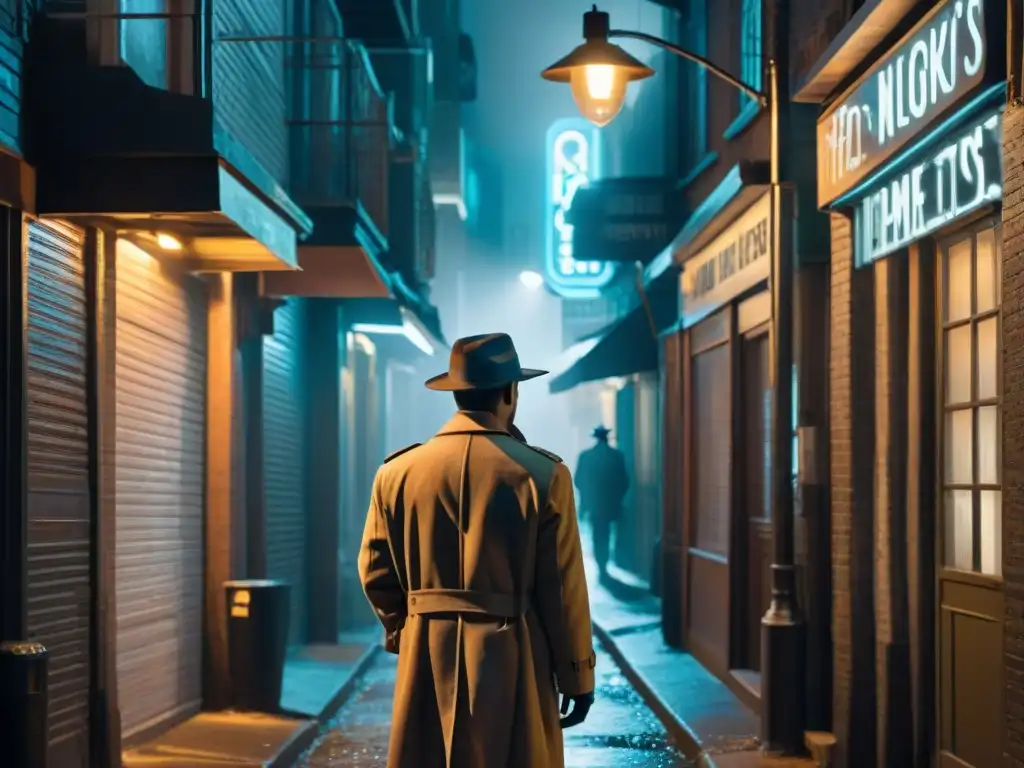 Detective en la sombra: Misterio en la ciudad nocturna Un detective en la penumbra de la noche, rodeado de misterio y diversidad cultural en detectives