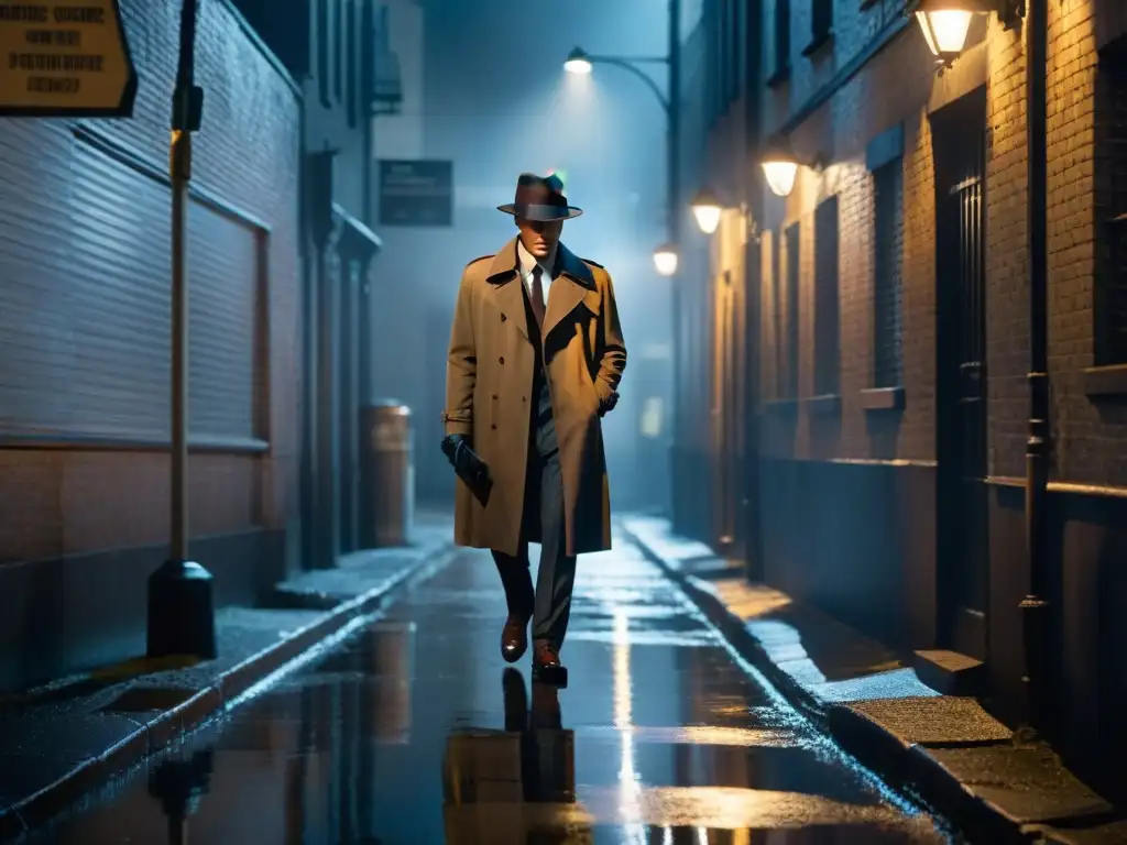 Un detective examina una pista en un callejón oscuro, rodeado de sombras y figuras misteriosas