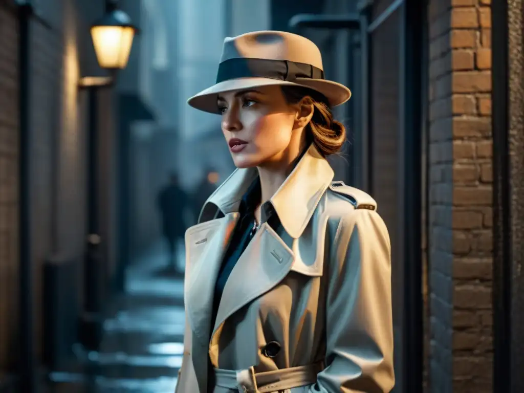 Una detective poderosa en blanco y negro bajo la lluvia en un callejón, evocando el cine noir