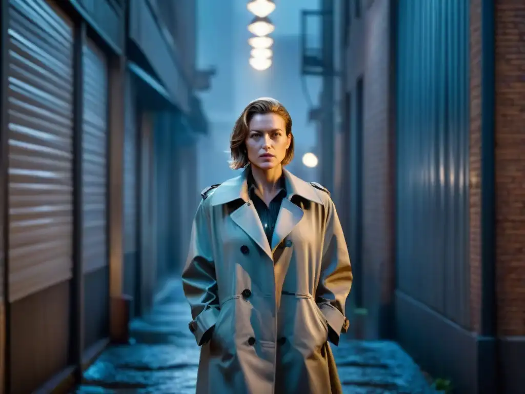 Sarah Linden, la detective poderosa de cine, se destaca en un callejón oscuro con su abrigo de lluvia, mostrando determinación