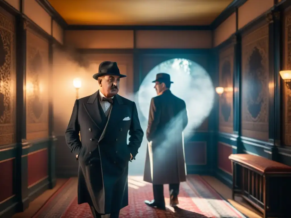 Detective Poirot en escena de Film Noir, con pistas y detalles en sombras, realzando la intensidad psicológica