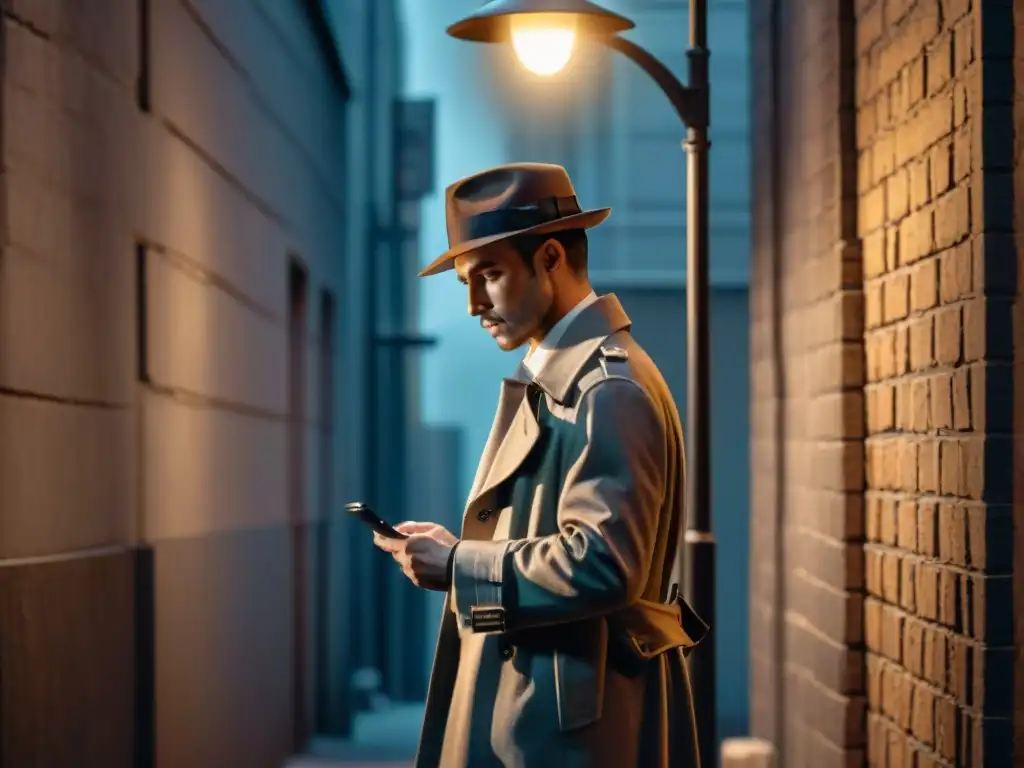 Un detective privado en un callejón sombrío, bajo una farola titilante, revisando aplicaciones de seguridad en su teléfono