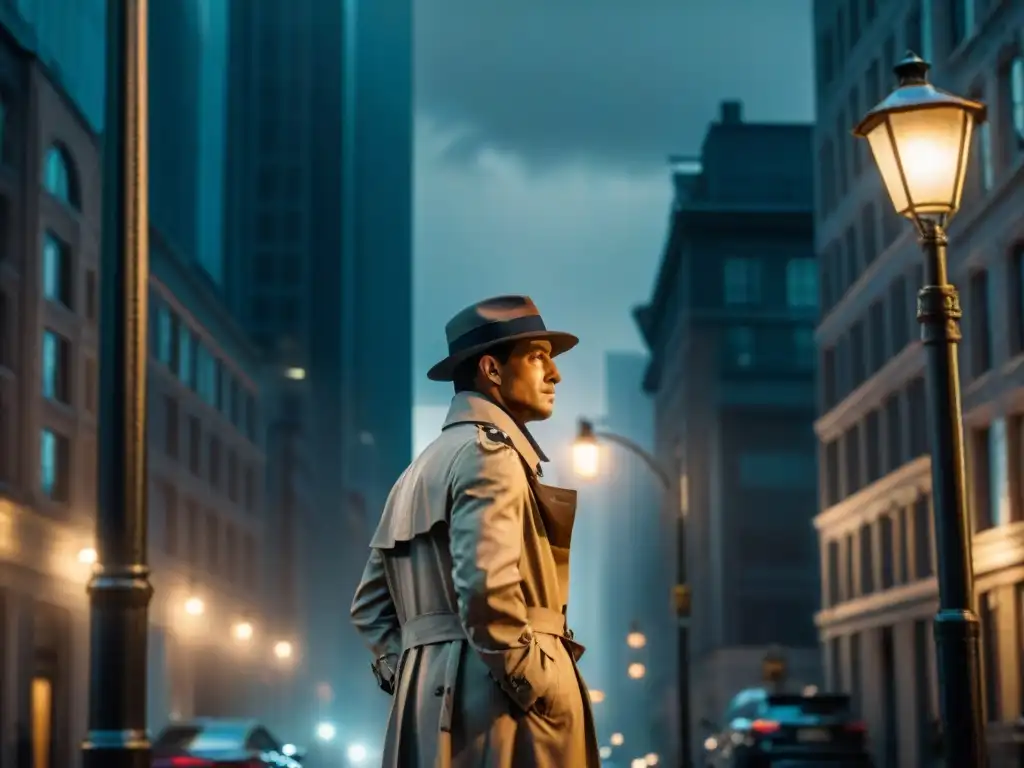 Un detective privado determinado bajo la lluvia en la ciudad, capturando la esencia de las mejores series detectives en Netflix y HBO