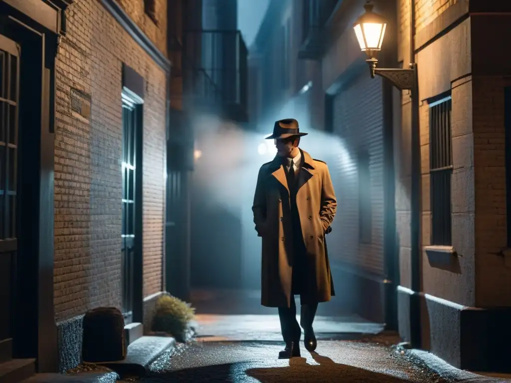 Detective en la sombra: Misterio en el callejón oscuro Un detective privado enigmático examina pistas en la oscuridad de un callejón, evocando la evolución del detective privado en la televisión noir