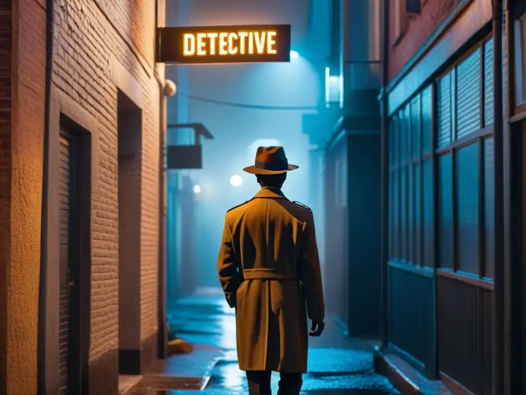 Escena noir: Agencia de Detectives en el callejón oscuro Un detective privado en la evolución de la televisión, bajo la luz tenue de una callejuela oscura