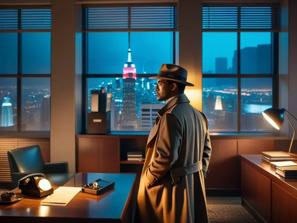 Escena de detectives en oficina sombría: fedora, humo y misterio nocturno Un detective privado en su oficina, con sombras y humo, evocando la evolución del detective privado en la televisión