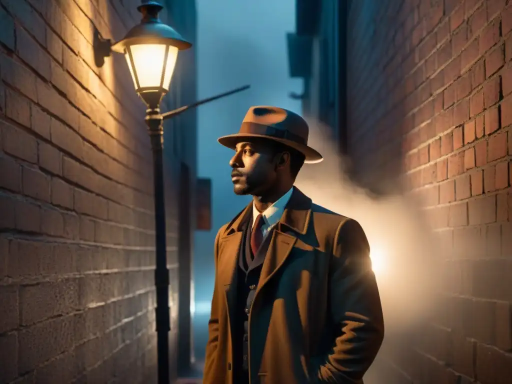 Intrigante detective bajo la luz de la calle en 8k ultradetallado Un detective privado en la penumbra de un callejón, con lupa, en una escena de cine negro