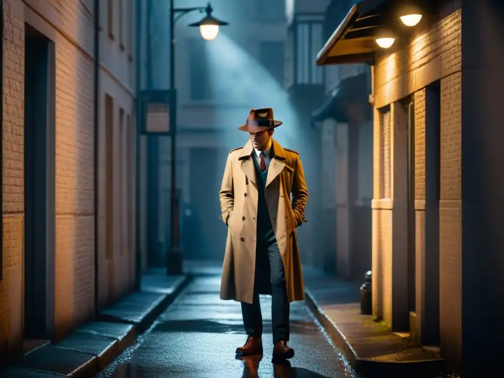 Detective misterioso en callejón sombrío Un detective real, historias inspiradoras, bajo la luz de la farola en un callejón sombrío, con misterio y peligro