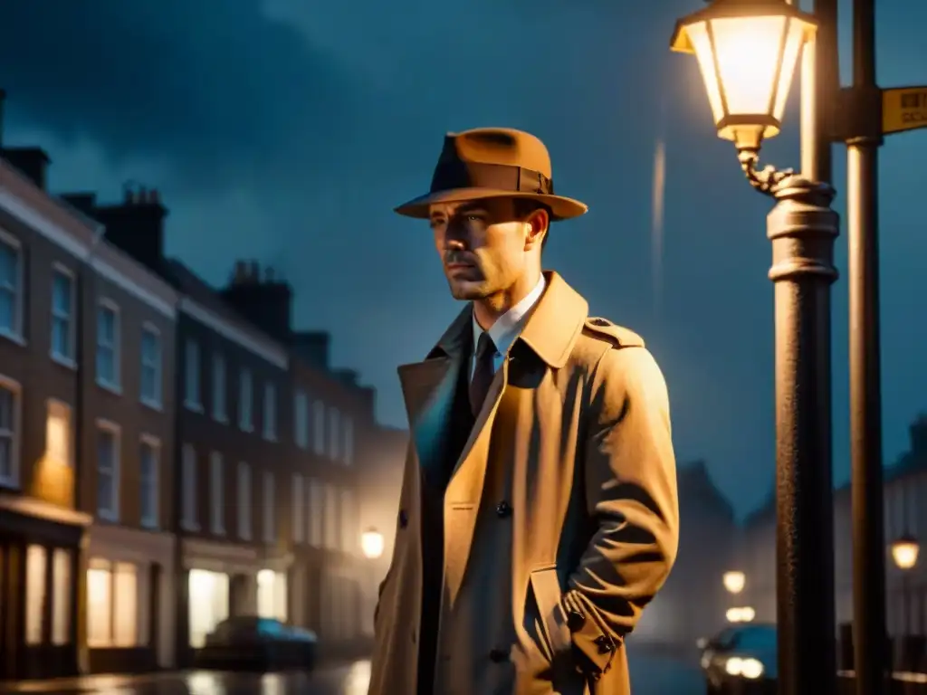 Detective misterioso bajo farola en la lluvia Un detective real bajo la luz de la farola, en un escenario oscuro y misterioso, inspirando historias