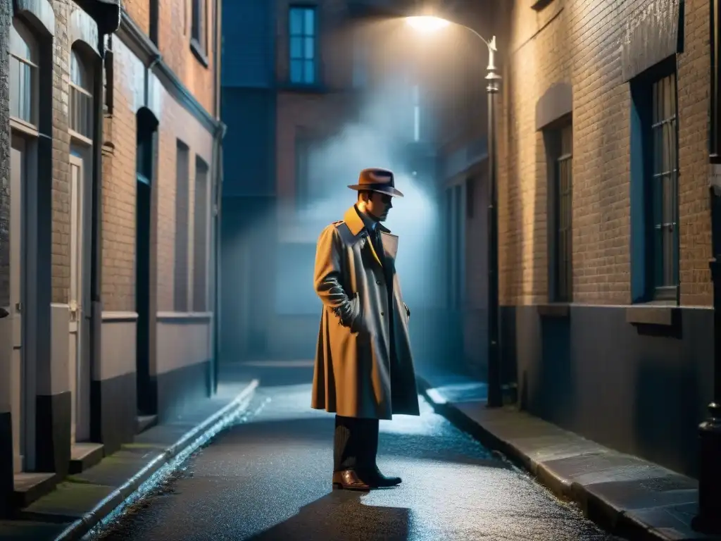 Noir detective en misterioso callejón Un detective real en la niebla de un callejón, examinando pistas con su lupa