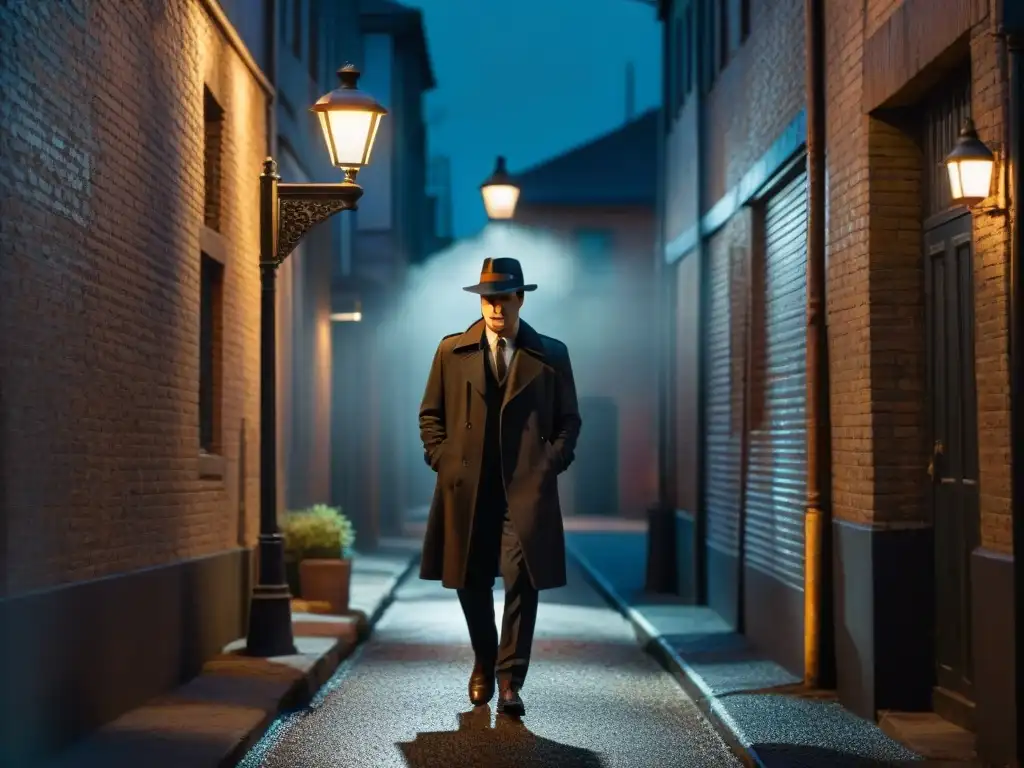 Detective real en la noche, bajo farola titilante, en un callejón sombrío