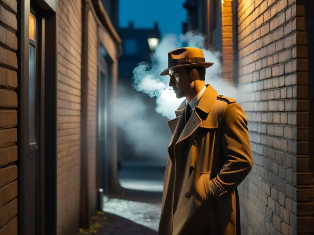 Alleyway noir: Misterio y suspense en la oscuridad Un detective real en la penumbra de un callejón, evocando historias inspiradoras de misterio