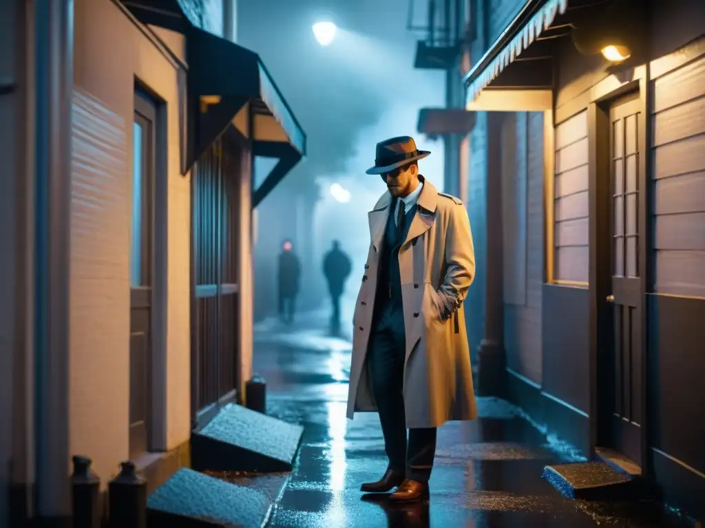 Un detective en realidad virtual resuelve crímenes en un callejón oscuro bajo la luz de una farola, mientras la lluvia cae