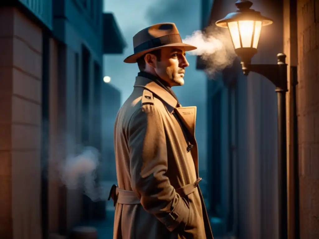 Detective en la sombra: Film Noir misterioso Un detective reflexivo bajo la luz de la farola, con sombras y humo, captura la importancia de flashbacks en detectives