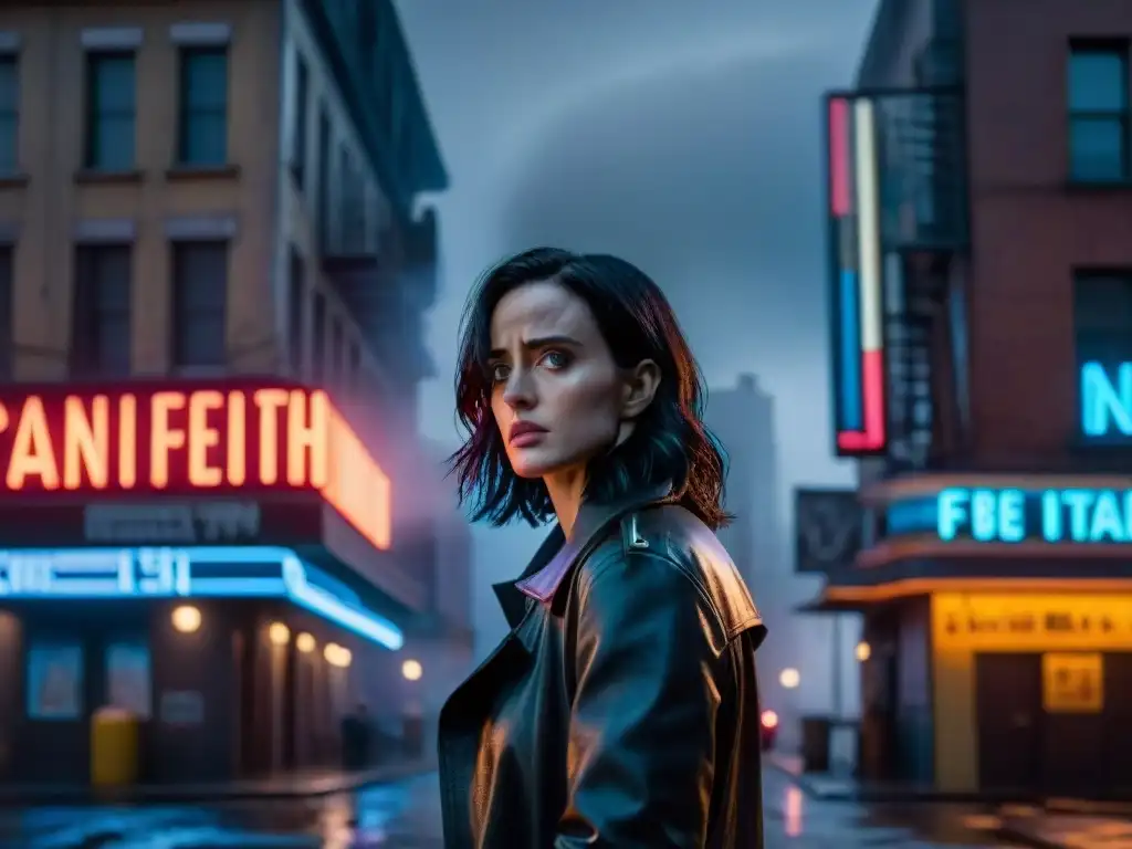 La detective Jessica Jones muestra resiliencia en esta escena de cine noir, en una calle lluviosa y oscura