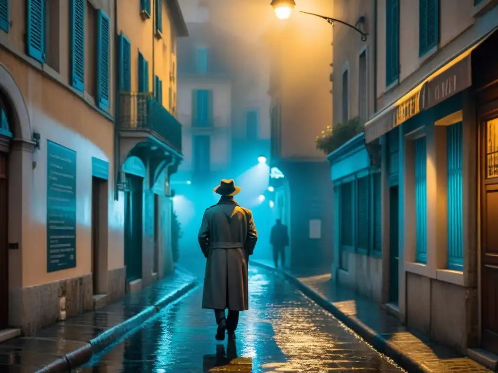 Un detective en la Riviera Francesa, bajo la luz de la farola, examina una pista en un callejón misterioso