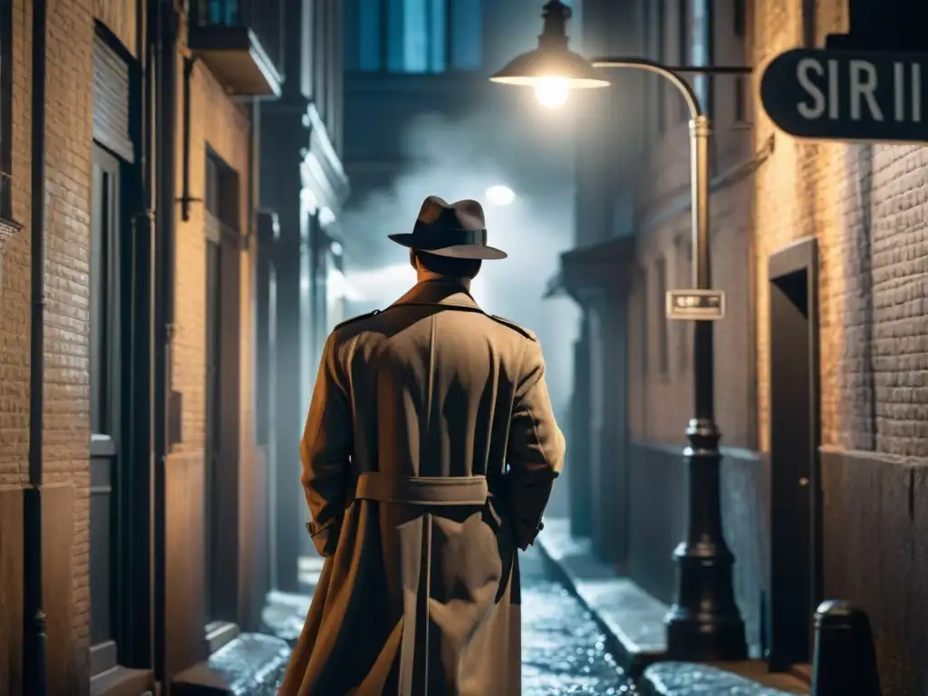 Un detective secundario en un callejón oscuro de noche, bajo una farola titilante, con un aire de misterio y psicología detectives secundarios cine