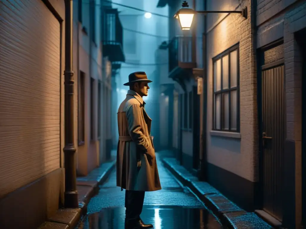 Un detective en la serie de cine de coleccionables, investiga en un callejón misterioso en blanco y negro