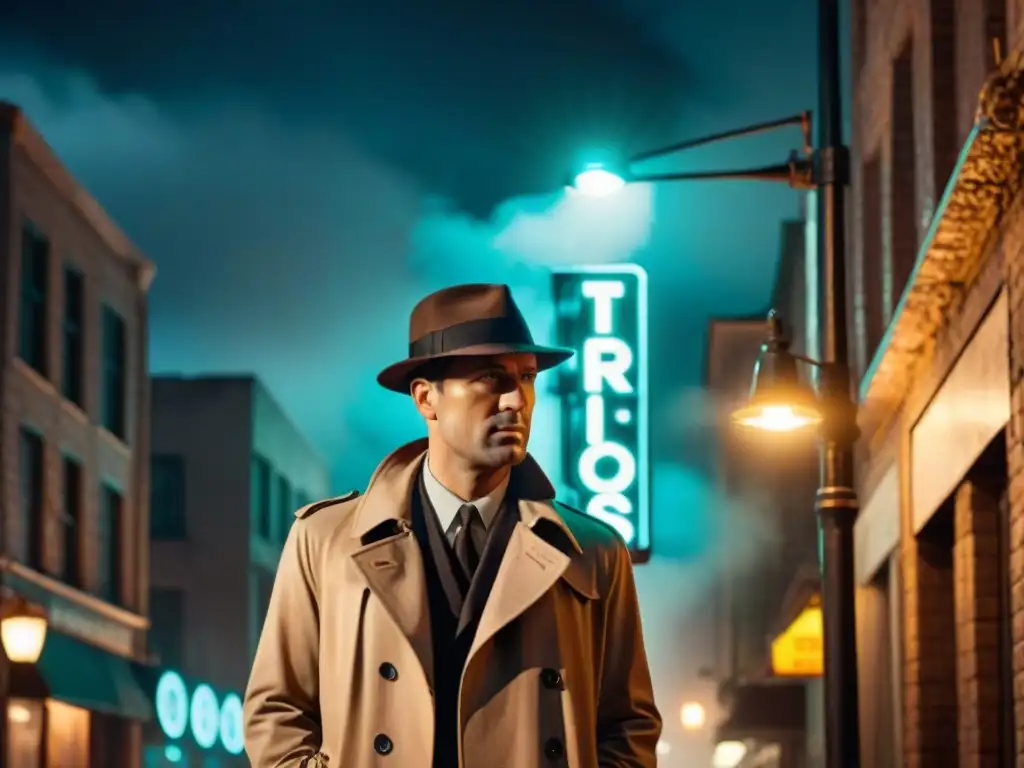 Un detective de serie en un escenario urbano, bajo una farola en la lluvia, mirando un letrero de 'Misterios Sin Resolver'