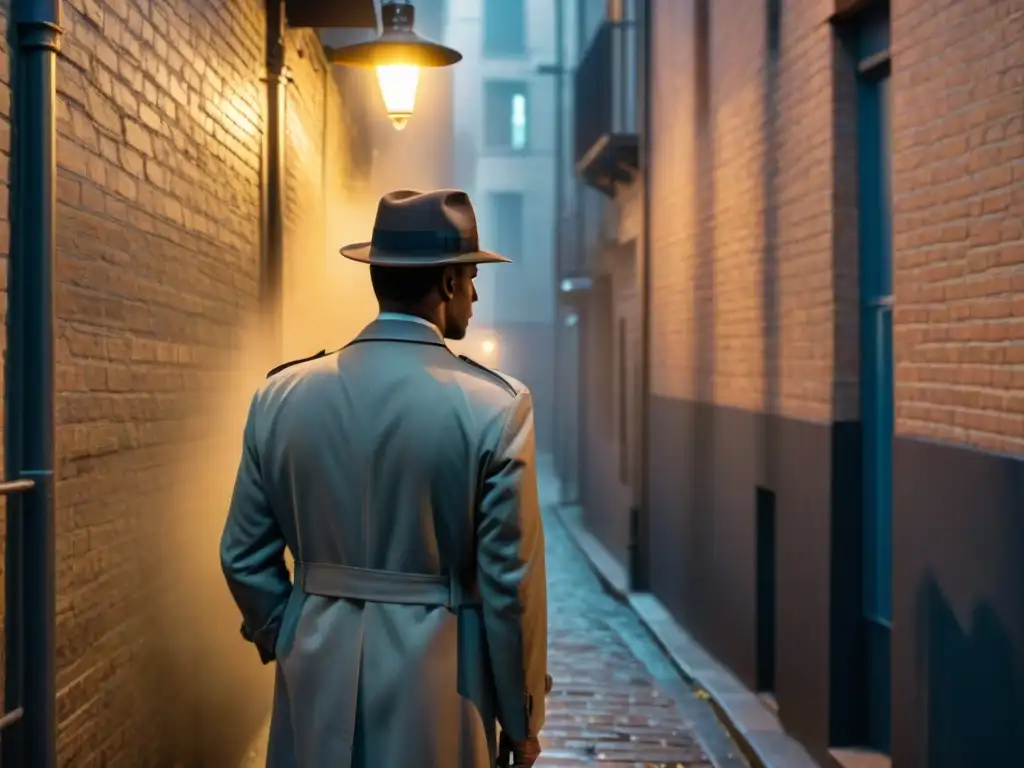 Detective sigiloso persigue a sospechoso en la noche neblinosa Un detective sigiloso sigue a una figura misteriosa en un callejón oscuro, destacando la seguridad personal técnicas investigación