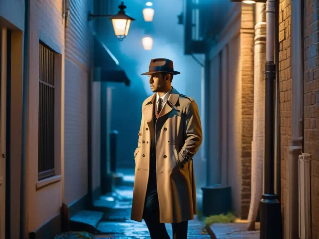 Noche de misterio: detective sigiloso en callejón oscuro Un detective sigiloso sigue a una figura misteriosa en un callejón oscuro, evocando el ambiente del noir clásico detectives análisis