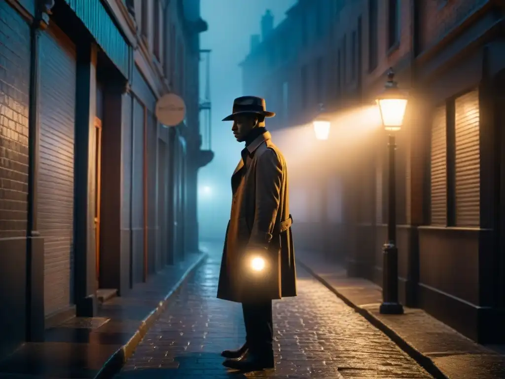 Detective misterioso en callejón oscuro: atmósfera noir Un detective del siglo XXI en un callejón oscuro, iluminado por una farola parpadeante