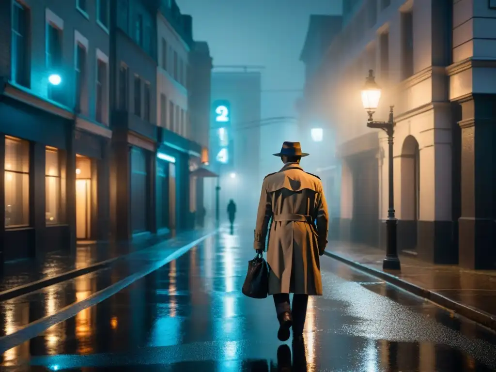 Un detective en silla de ruedas, bajo la lluvia en la ciudad nocturna, refleja determinación y misterio