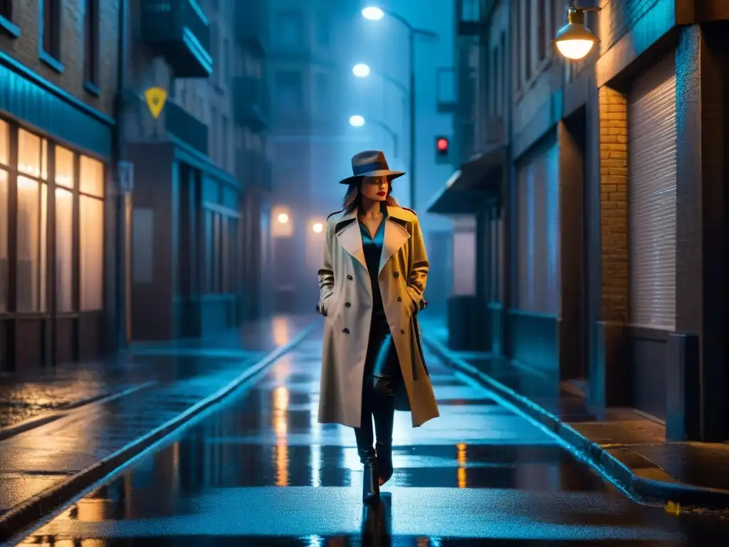 Una detective solitaria bajo la luz de la farola en la lluvia, evocando el misterio de mujeres detectives en cine y televisión