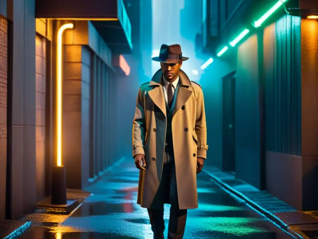 Un detective solitario en un callejón futurista, bajo luces de neón