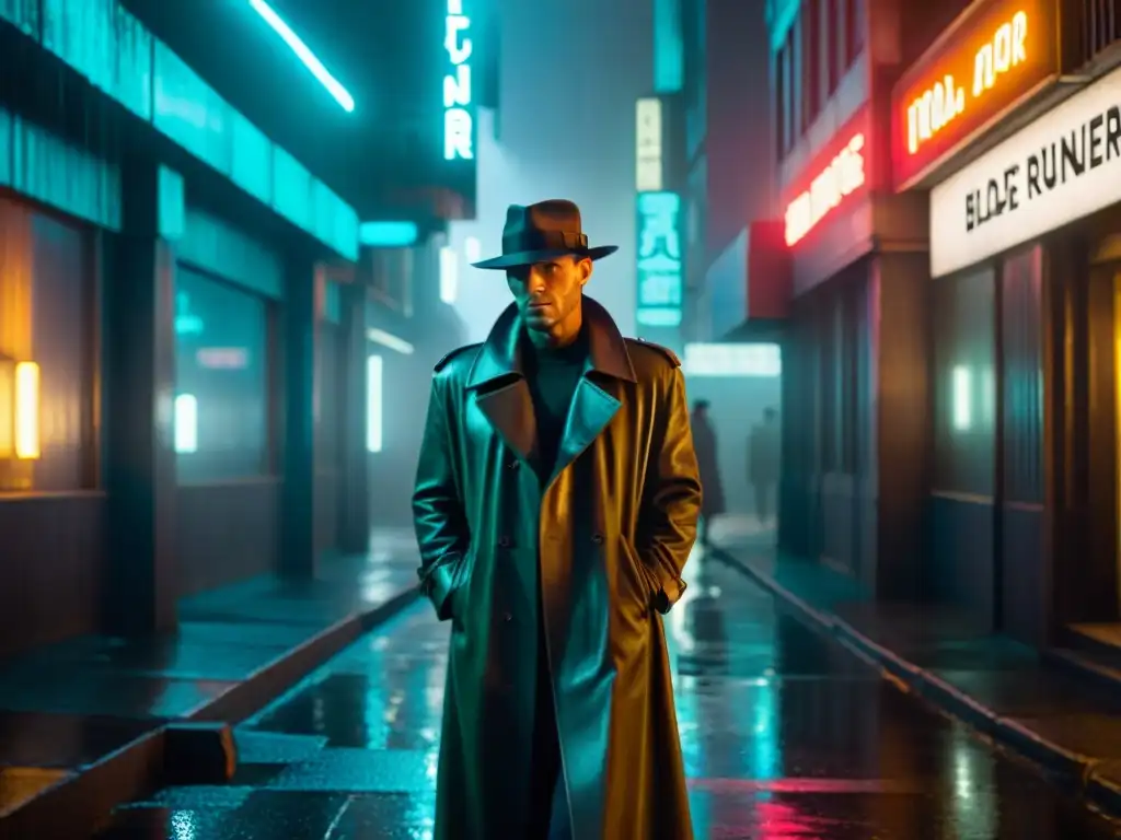 Un detective solitario en un callejón iluminado, evocando el aura de Blade Runner análisis detectives cine