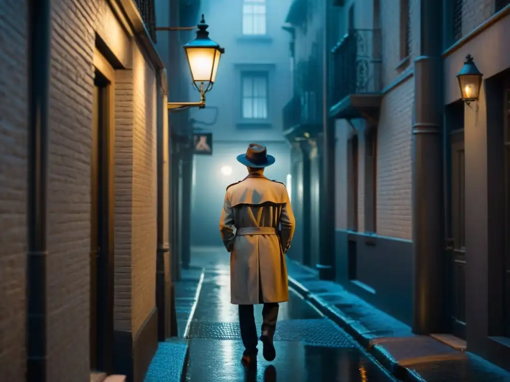 Un detective solitario en un callejón lluvioso, estilo cine negro, evocando la evolución del género detectives en cine y televisión