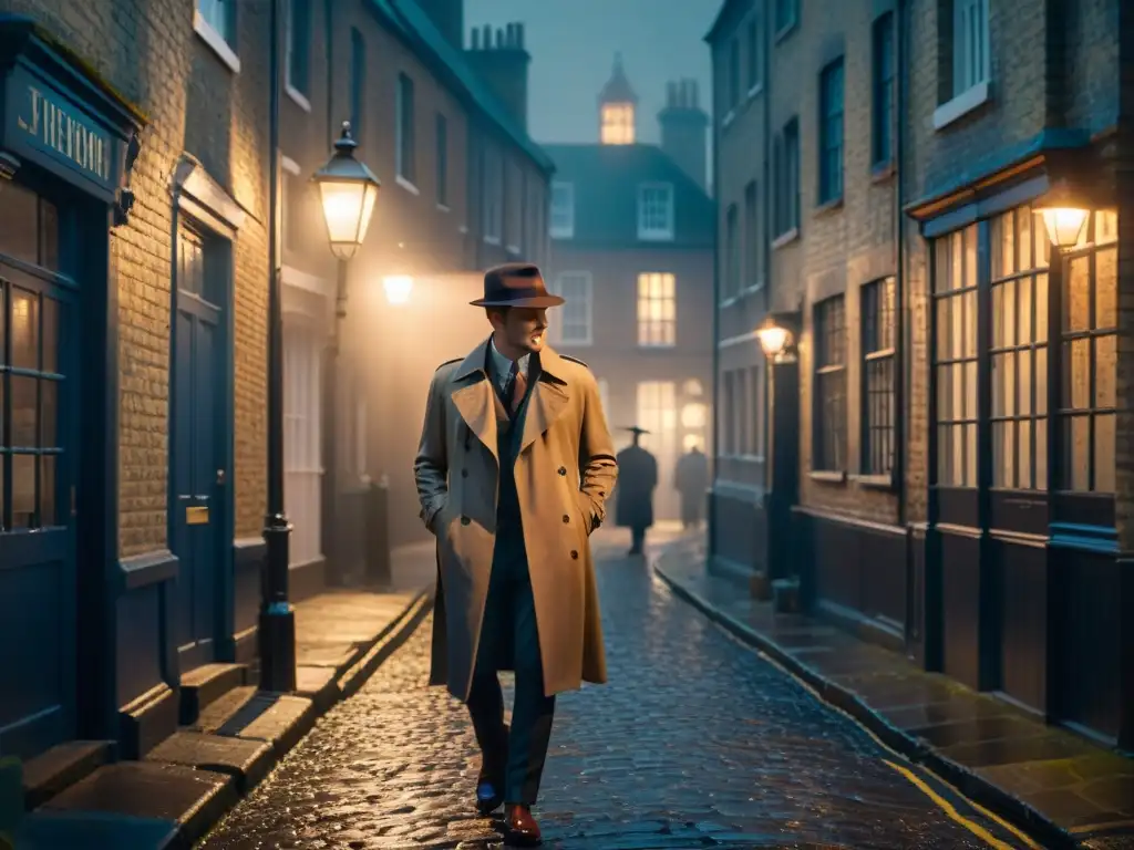 Detective en misterioso callejón de Londres Un detective solitario en un callejón de Londres, bajo la luz de una farola titilante