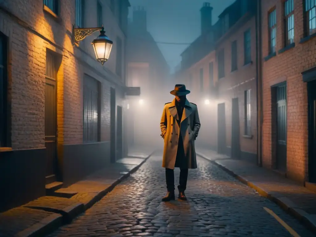 Un detective solitario en un callejón nocturno bajo la luz de la farola, en una atmósfera de cine negro