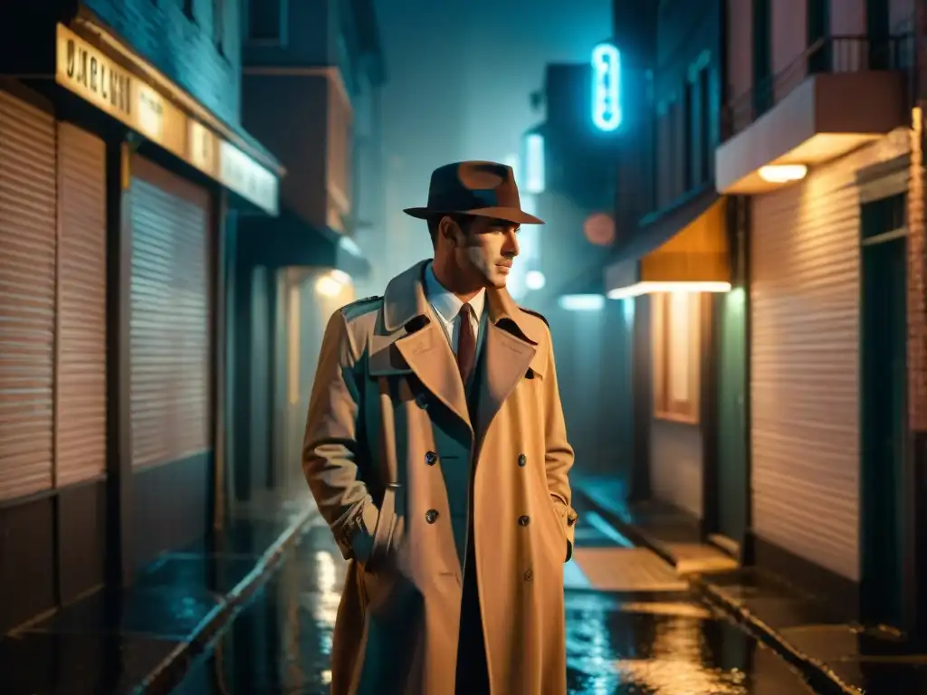 Un detective solitario en un callejón nocturno, iluminado por una farola, evocando el estilo de los procedimentales policíacos en TV