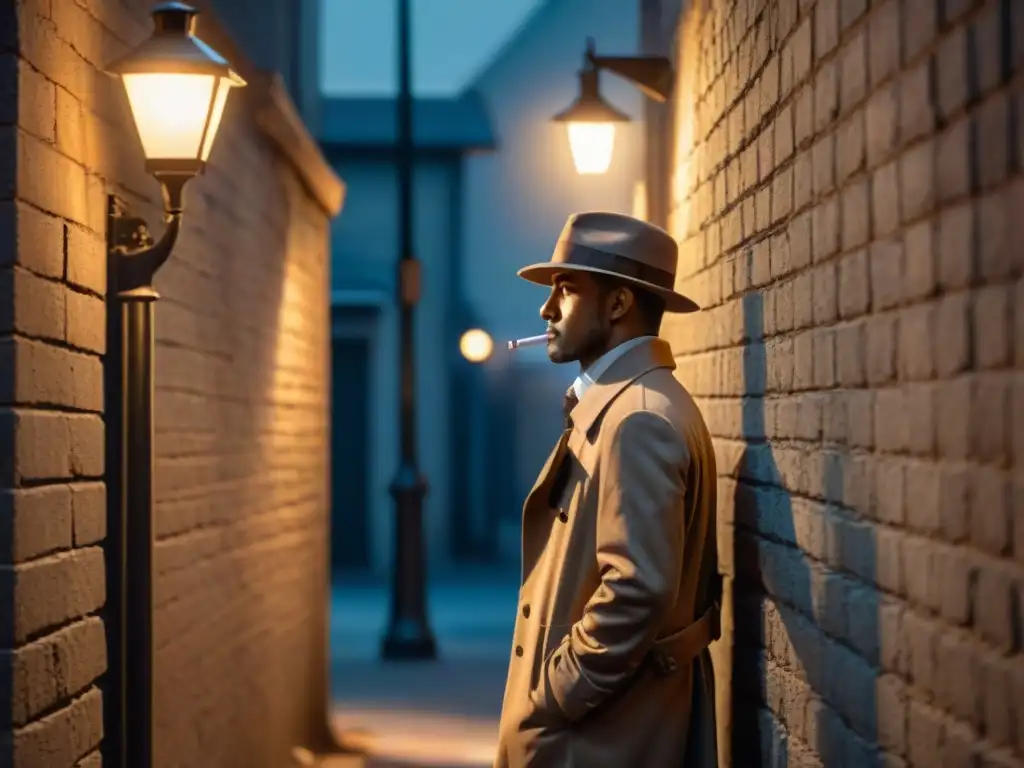Noche de misterio: detective en sombrío callejón Un detective solitario en un callejón oscuro de noche, bajo una farola parpadeante