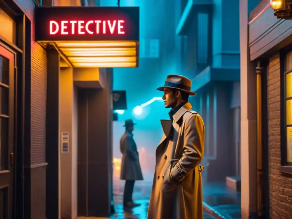 Alleyway misterioso: detective en la sombra bajo letrero de neón Un detective solitario en un callejón oscuro, bajo neón 'Detective Agency'