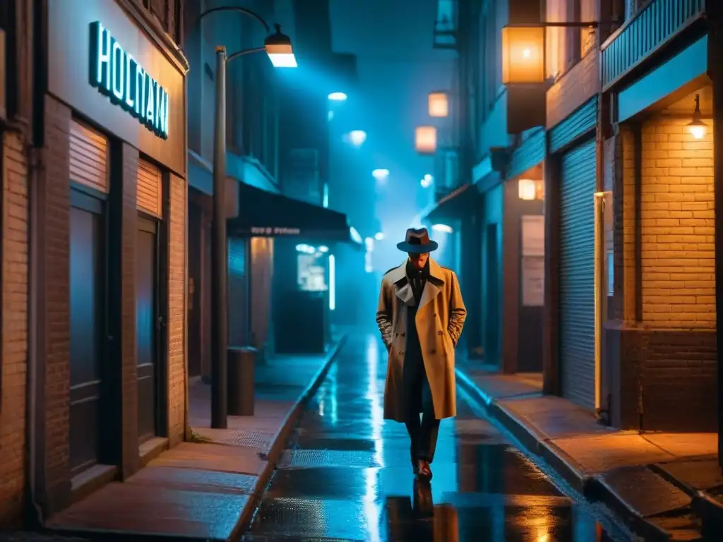 Intrigante figura en callejón oscuro: misterio urbano nocturno Un detective solitario fumando en un callejón oscuro