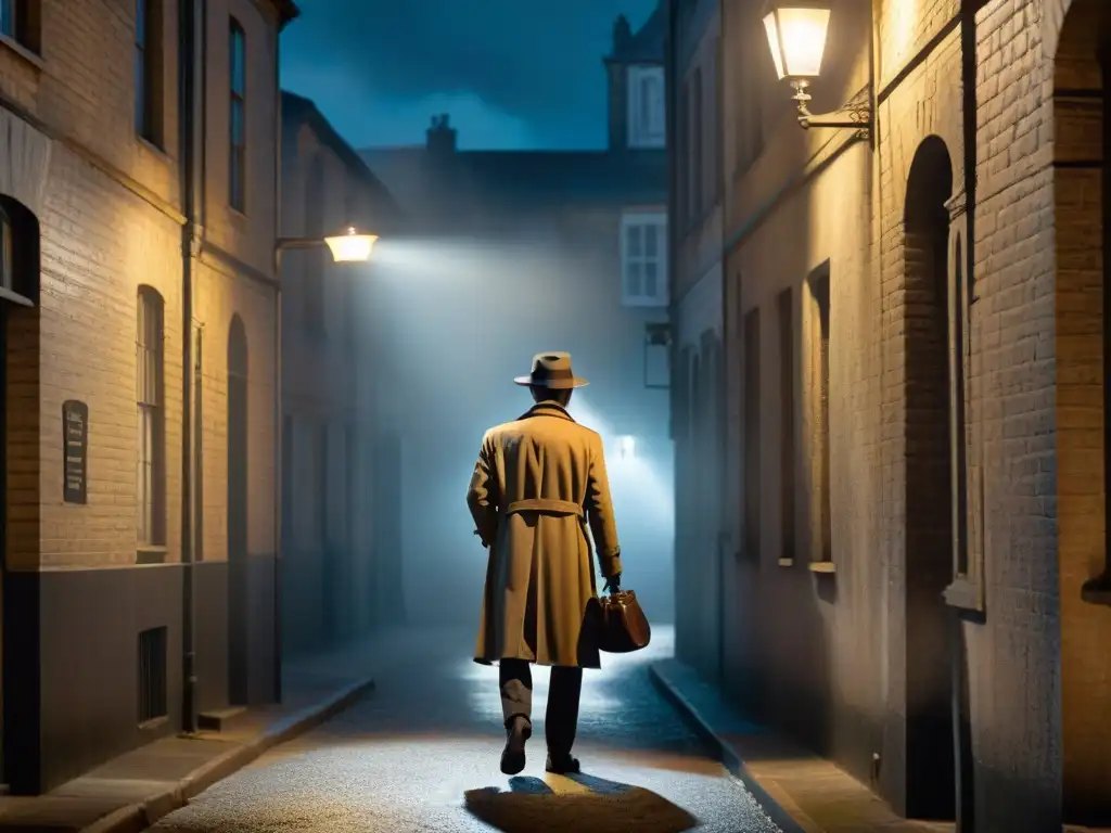 Detective en sombras: Misterio en el callejón Un detective solitario en un callejón oscuro, bajo la luz de un farol titilante, descifrando un mensaje enigmático